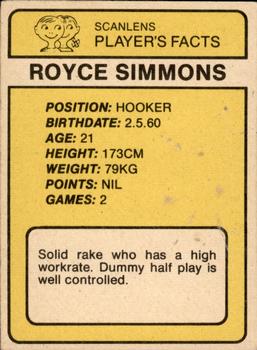 1981 Scanlens #150 Royce Simmons Back